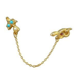 Snake Bird Lapel Pin Scarf Clip Chain Gold Tone Vintage Jewelry Beaded Brooch 3"